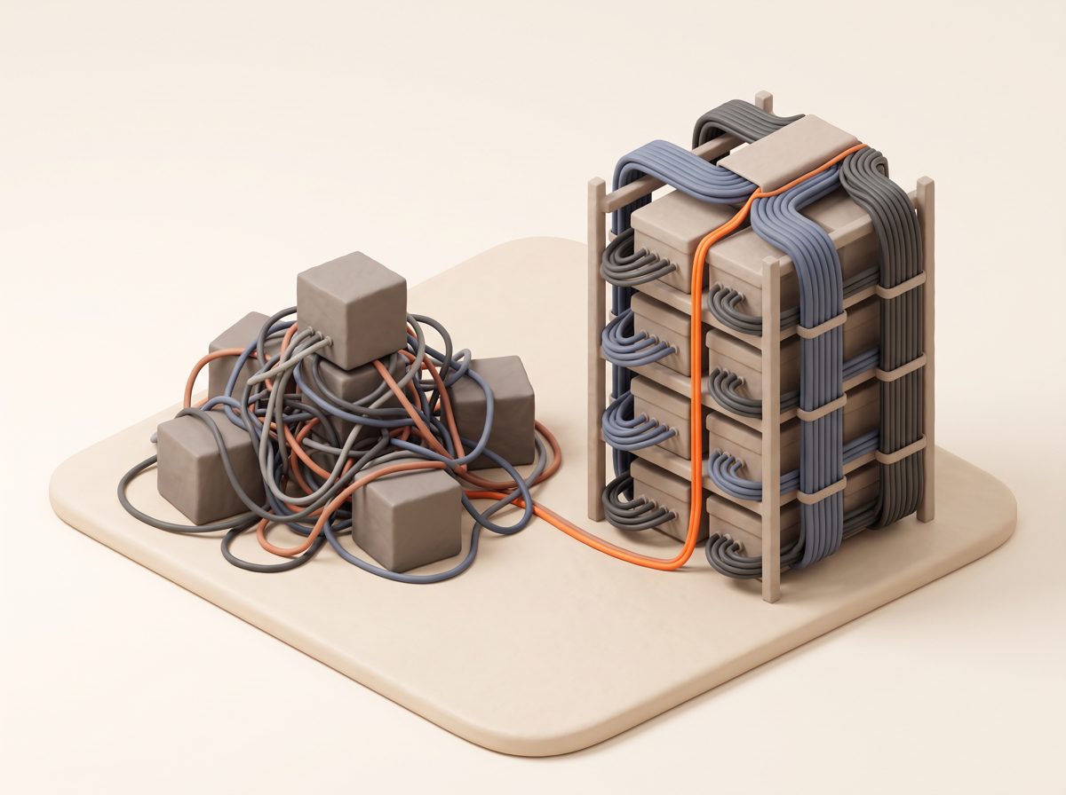 A tangle of cables between scattered boxes next to the same boxes neatly racked with one orange cable routed cleanly